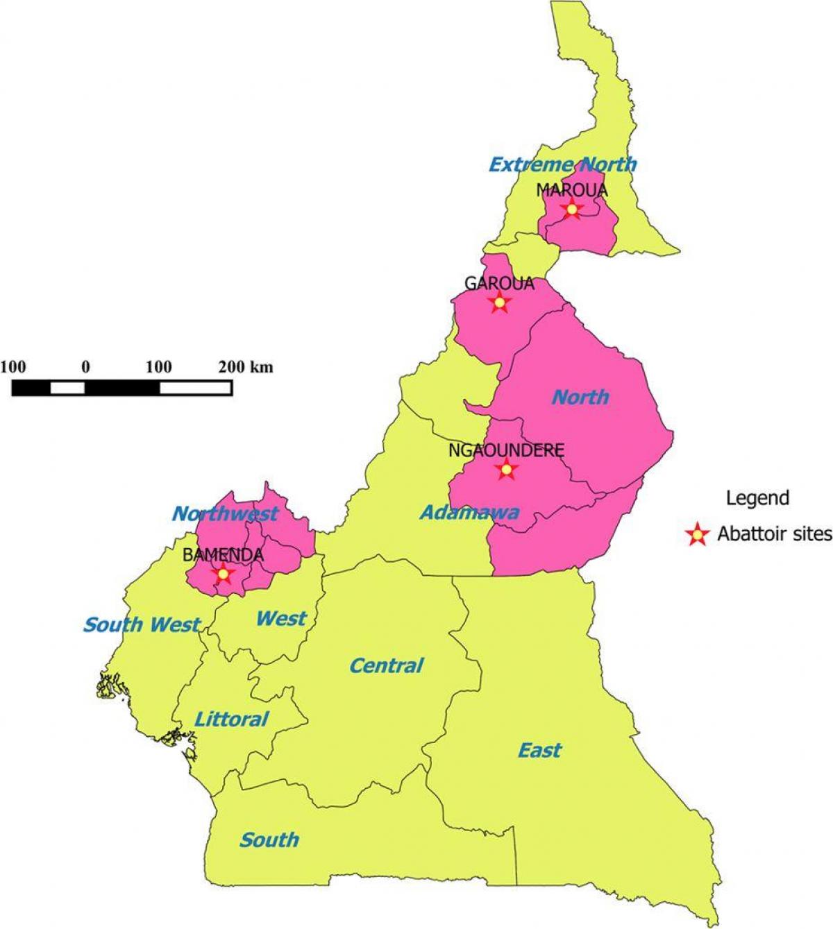Camarões mostrando regiões de mapa de